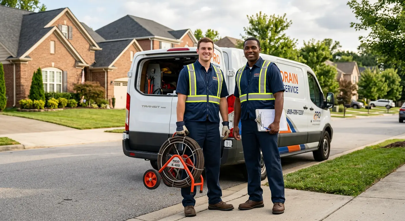 Sewer and drain service team with equipment ready for work in Chardon