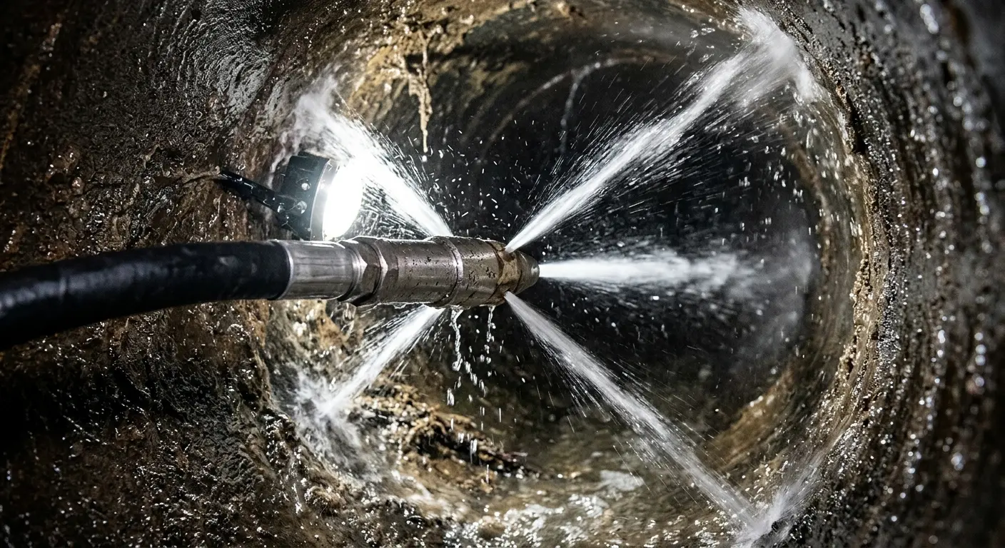 High-pressure hydro jetting nozzle cleaning sewer pipe for Sewer Cleanout in Chardon