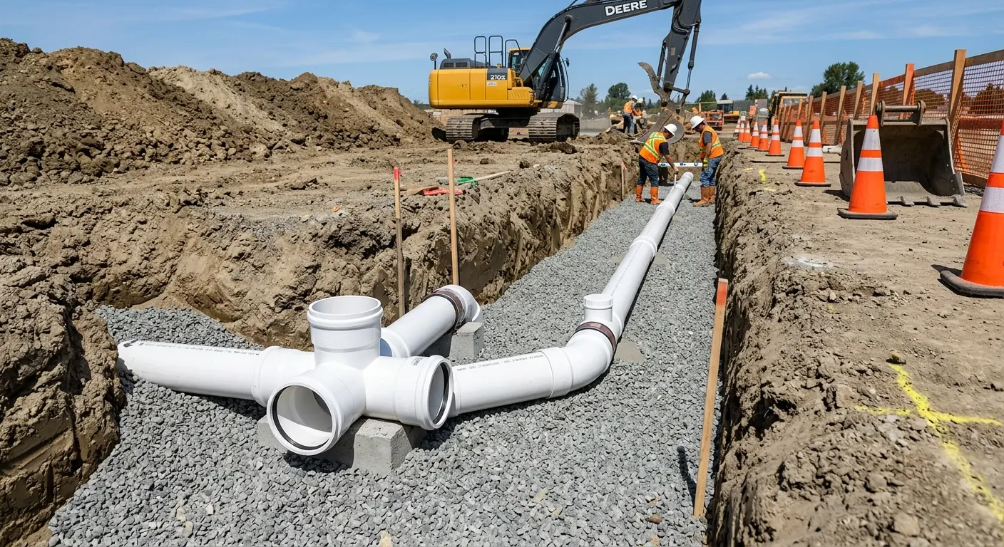 New PVC sewer pipe installation in open trench for Sewer Backup in Chardon