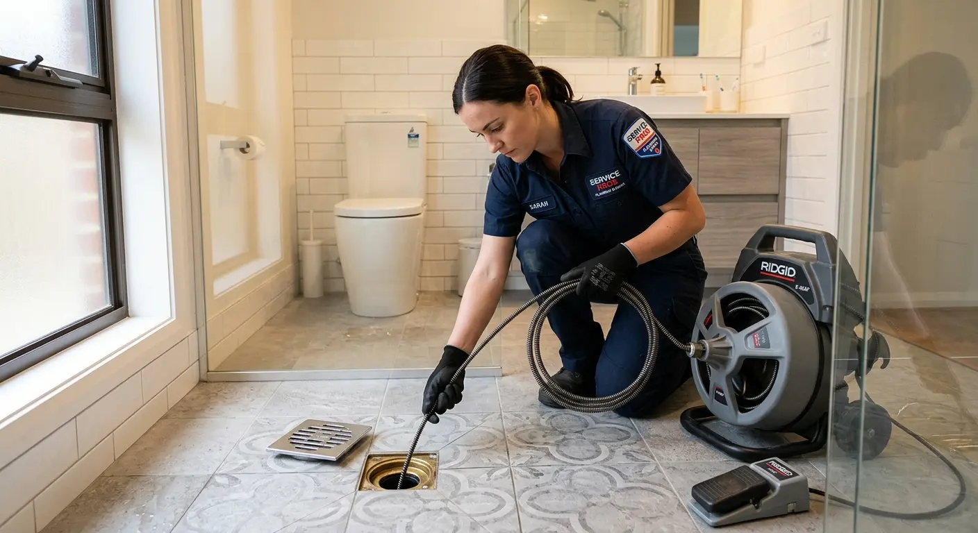 Technician clearing a bathroom floor drain for Sewer Line Replacement in Chardon